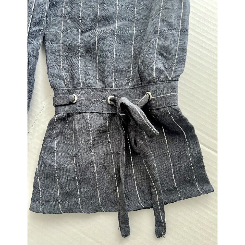 LUCKY BRAND Off the Shoulder Linen Shirt Blouse Dark Gray Stripe Lines Large - Picture 2 of 8